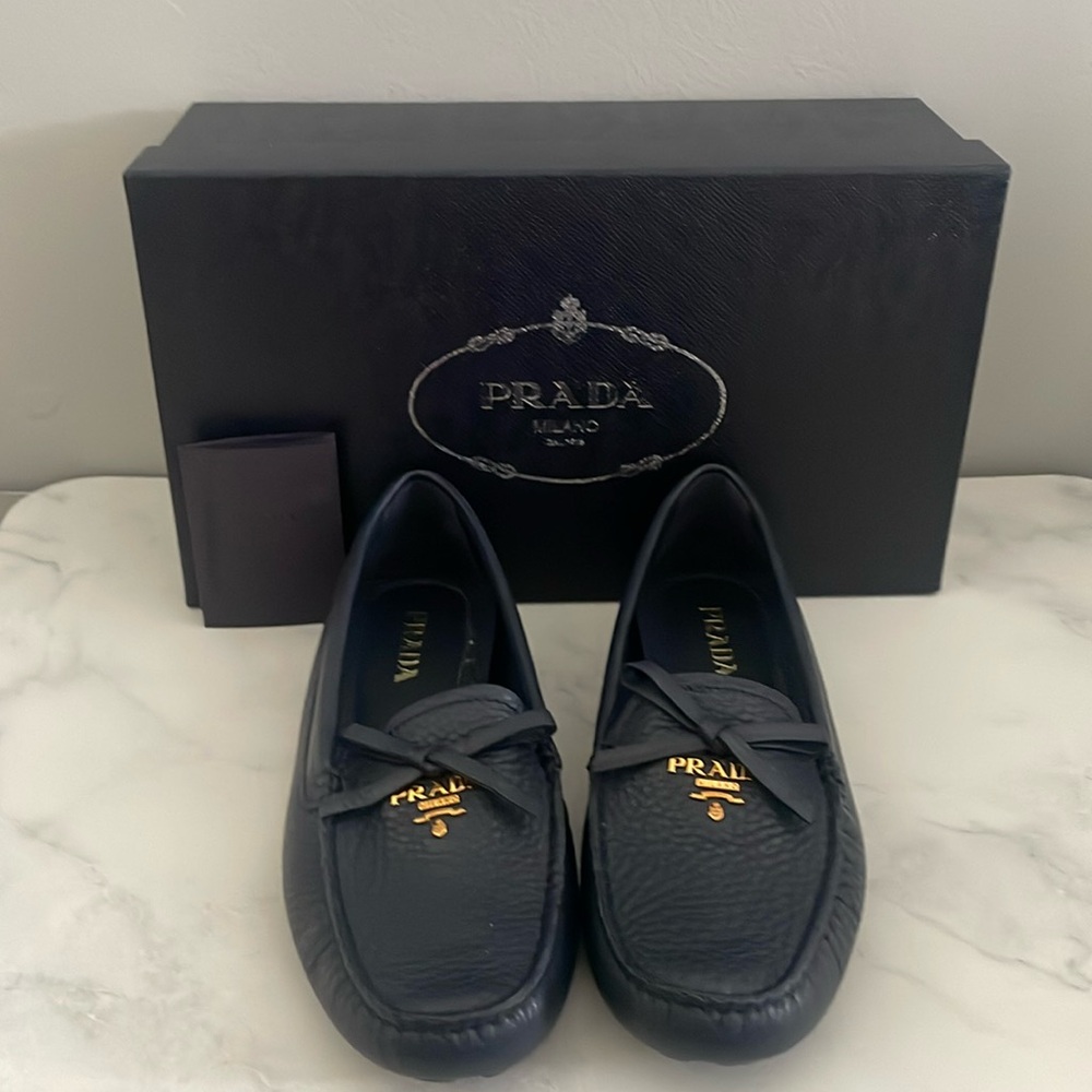 NWT Prada dark navy Loafers with Gold Accent